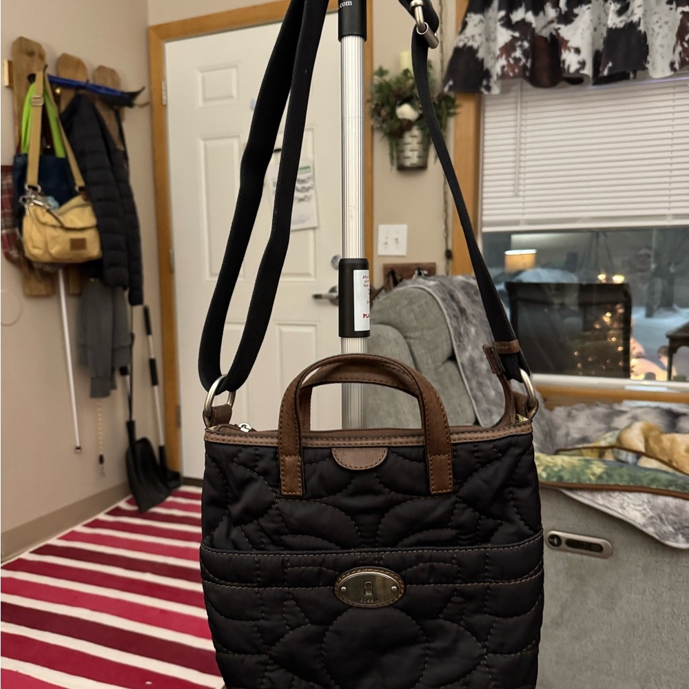 Fossil Black Quilted Crossbody Bag with Brown Trim